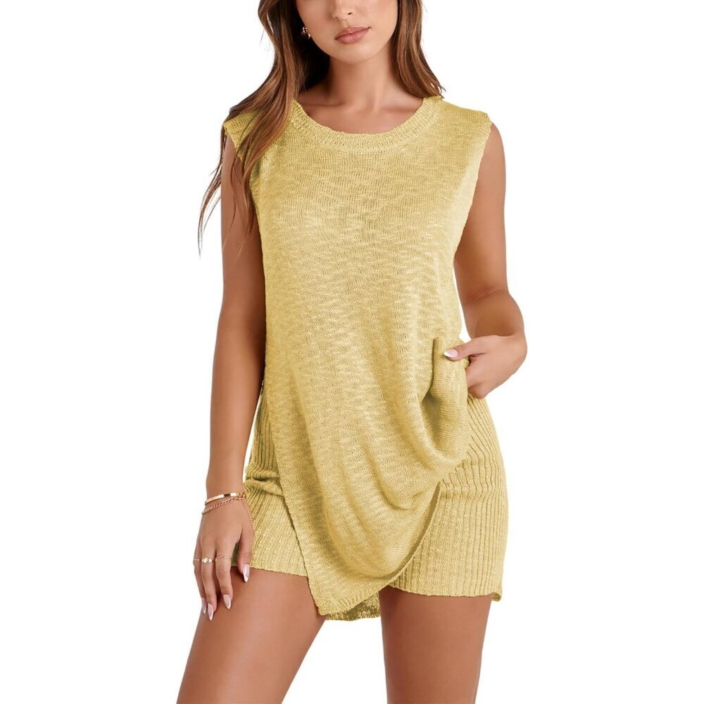 Womens Knit Pajama Sets 2 Piece Outfits Lounge Sleepwear Casual Sleeveless
